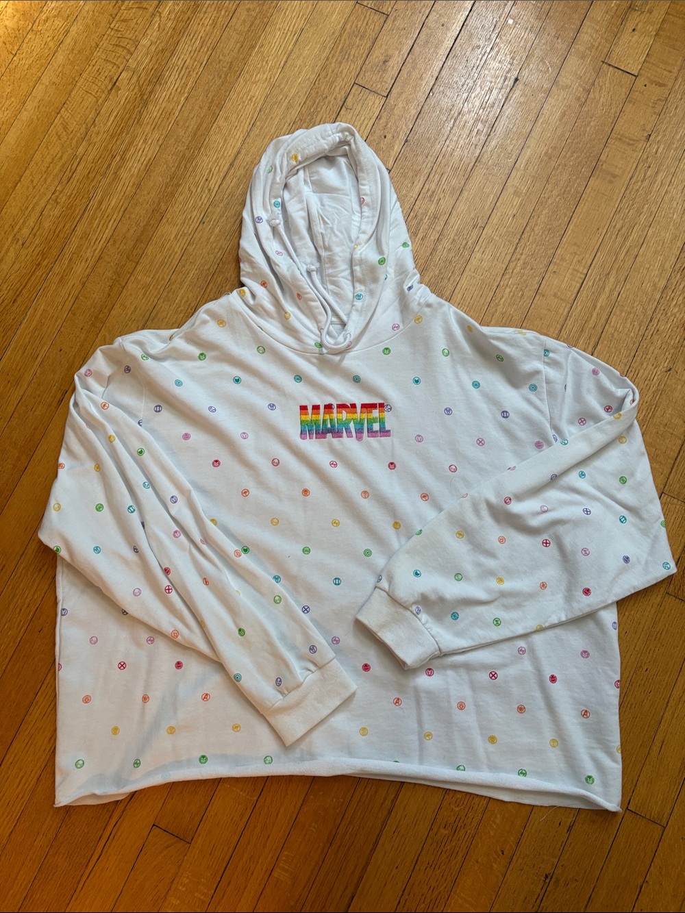 Marvel White Hoodie with Rainbow Logo and Multicolor Dot Print